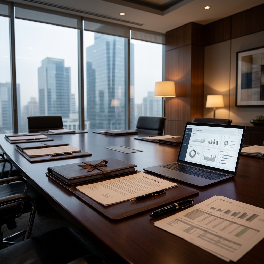 Sala de juntas corporativa elegante con carpetas, informes financieros, pluma estilográfica y laptop con analíticas de negocios.